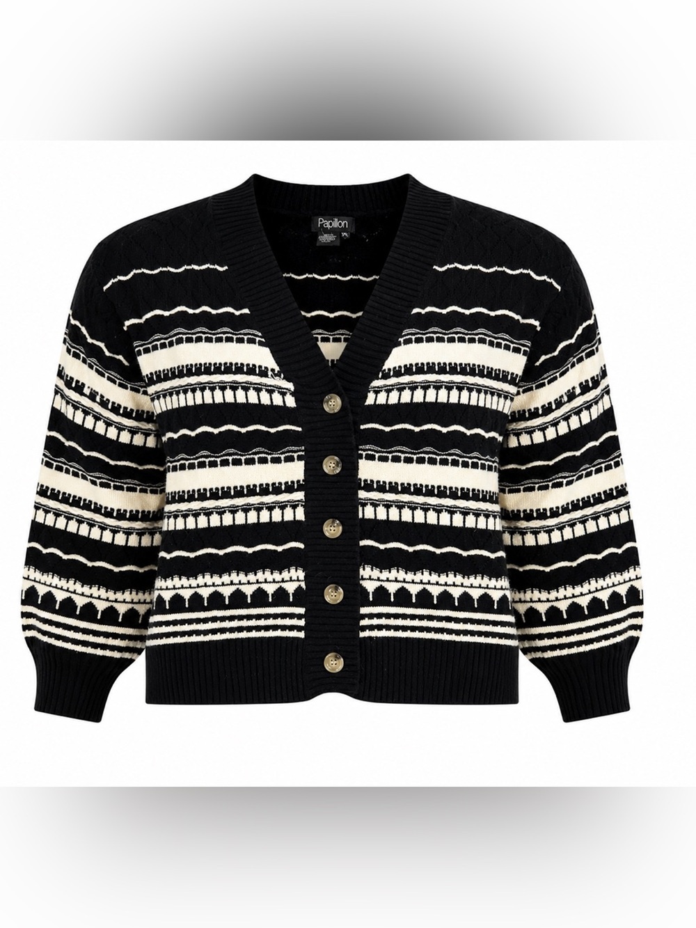Papillon Black & Cream Pattern Knit Cardigan Sweater XXL Button Front Cozy